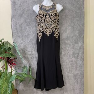 VTG.  Fiesta Fashion Dress XL Black gold Formal Gown Rhinestone sequins *